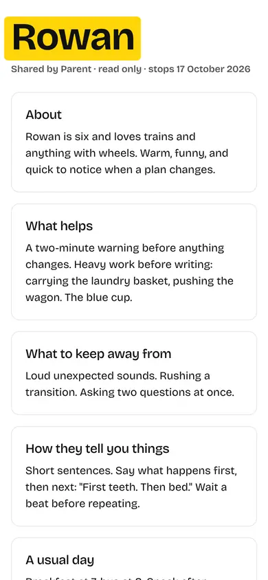 A one-page guide for a sitter: what's different this week, how to talk with Rowan, today's plan, safety and favorite things.