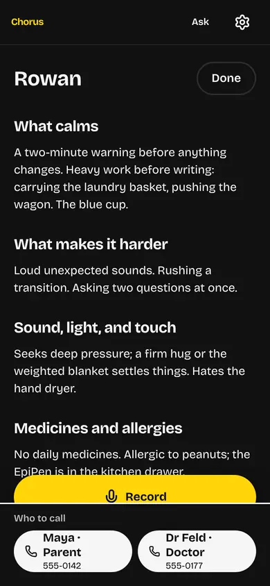 The Hard moment screen in large white type on black: early signs, what calms, and what to avoid.