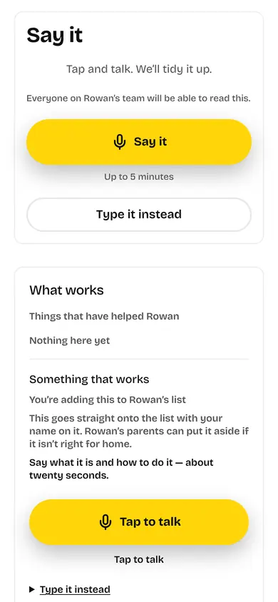 The link a family sends, open in a phone browser: no account, a large mic, and the words "Tap and talk".