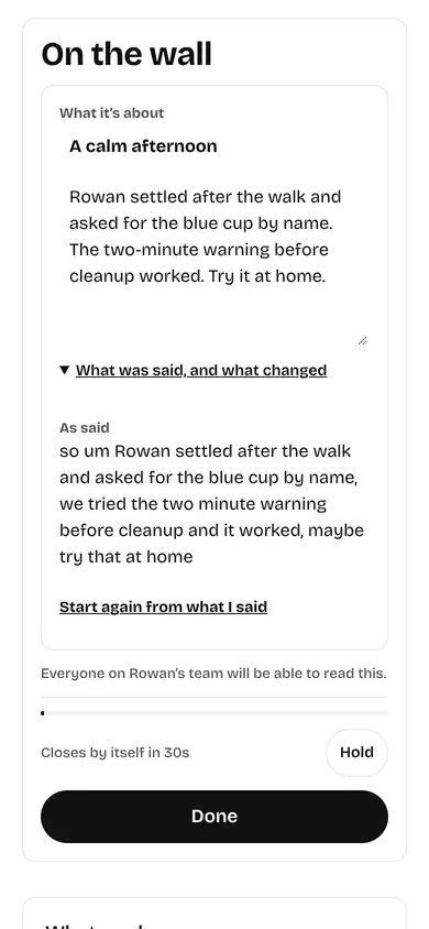 A tidied note: how it went, what worked and what to try next, with the original words underneath and a choice of who can see it.